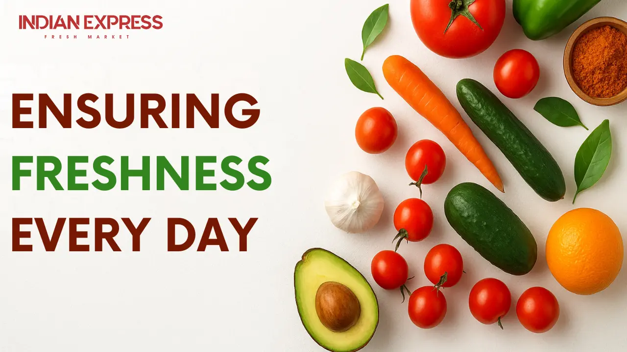 Indian Express Fresh Market showcasing fresh fruits and vegetables with tagline Ensuring Freshness Every Day in brand colors